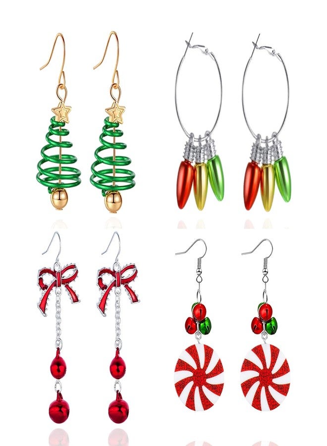 kepvrio 4 Pairs Christmas Earrings Set for women Christmas Tree Bow Bell Light Bulbs Hoop Earrings Christmas Holiday Party Jewellery (Style-A) - Image 1