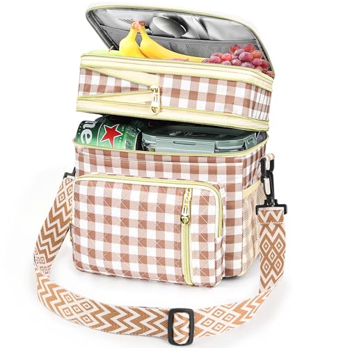 LOKASS Lunch Box for Women-16L-Insulated Lunch Bag Women, Expandable Double-layer Leakproof Cooler Bag with Upgrade Adjustable Shoulder Strap Ideal for Work/Travel/Picnics（Brown&White Check） - Image 1