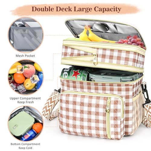 LOKASS Lunch Box for Women-16L-Insulated Lunch Bag Women, Expandable Double-layer Leakproof Cooler Bag with Upgrade Adjustable Shoulder Strap Ideal for Work/Travel/Picnics（Brown&White Check） - Image 2