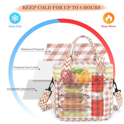 LOKASS Lunch Box for Women-16L-Insulated Lunch Bag Women, Expandable Double-layer Leakproof Cooler Bag with Upgrade Adjustable Shoulder Strap Ideal for Work/Travel/Picnics（Brown&White Check） - Image 3