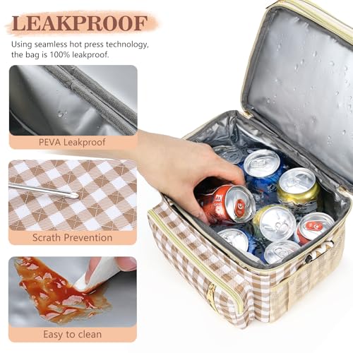 LOKASS Lunch Box for Women-16L-Insulated Lunch Bag Women, Expandable Double-layer Leakproof Cooler Bag with Upgrade Adjustable Shoulder Strap Ideal for Work/Travel/Picnics（Brown&White Check） - Image 4