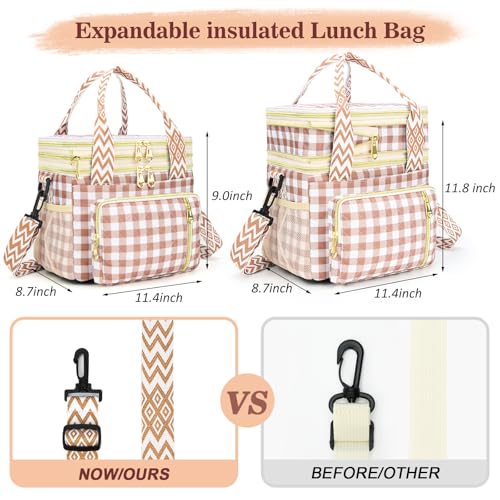 LOKASS Lunch Box for Women-16L-Insulated Lunch Bag Women, Expandable Double-layer Leakproof Cooler Bag with Upgrade Adjustable Shoulder Strap Ideal for Work/Travel/Picnics（Brown&White Check） - Image 5
