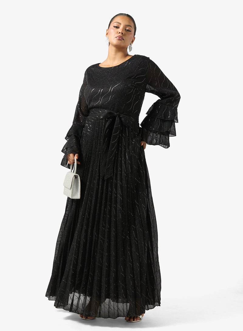 خزانة فستان مقاس كبير بأكمام مكشكشة لامع - Image 4