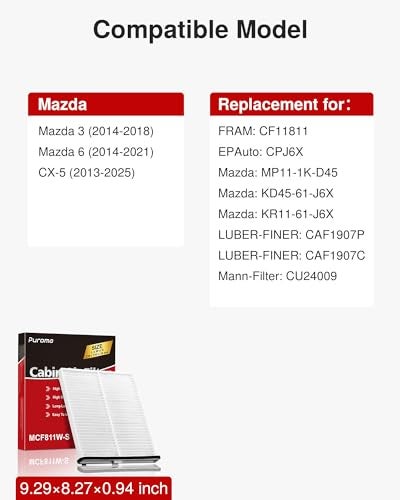 Puroma Cabin Air Filter, Replacement for CF11811, CPJ6X, CAF1907P, CAF1907C, CU24009, Compatible with Mazda 3, Mazda 6, CX-5, MP11-1K-D45, KD45-61-J6X, KR11-61-J6X - Image 2