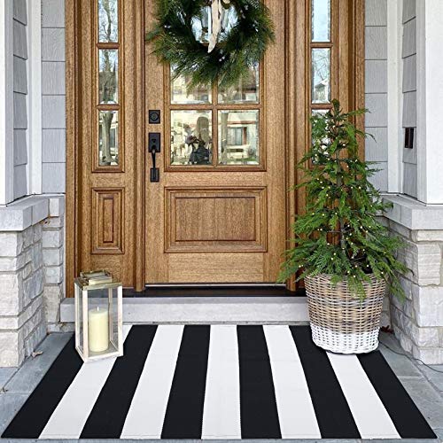 KOZYFLY Black and White Area Rug 275x43 Inches Striped Front Door Rug Cotton Washable Indoor Outdoor Rug Doormats Outdoor Small Striped Rugs for Kitchen Entryway Patio Front Porch Decor