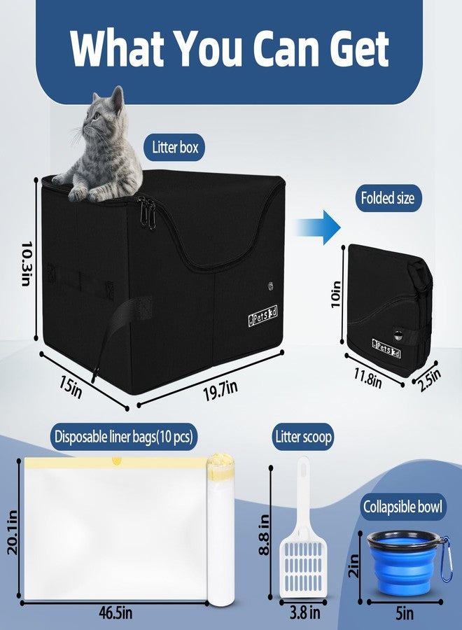 Petskd Portable Travel Litter Box for Cats with Lid and 10 pcs Liner Bags, Light Weight, Leak-Proof and Higher Sides for Road Trips, Hotel Stays, Car Travel(Black) - Image 3