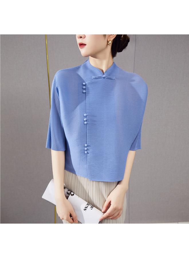 Chinese Style Pleated Top T-shirt Women's Spring And Summer New Design Niche Retro Buckle Five-point Sleeve Cardigan