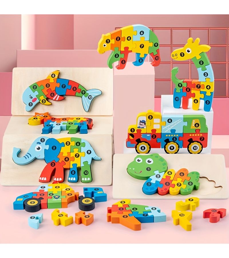 Wooden Animal Puzzles For Ages 3 Plus Polar Bear 3D Digital Puzzles Color Interlock Blocks Creative Assembly - Image 1