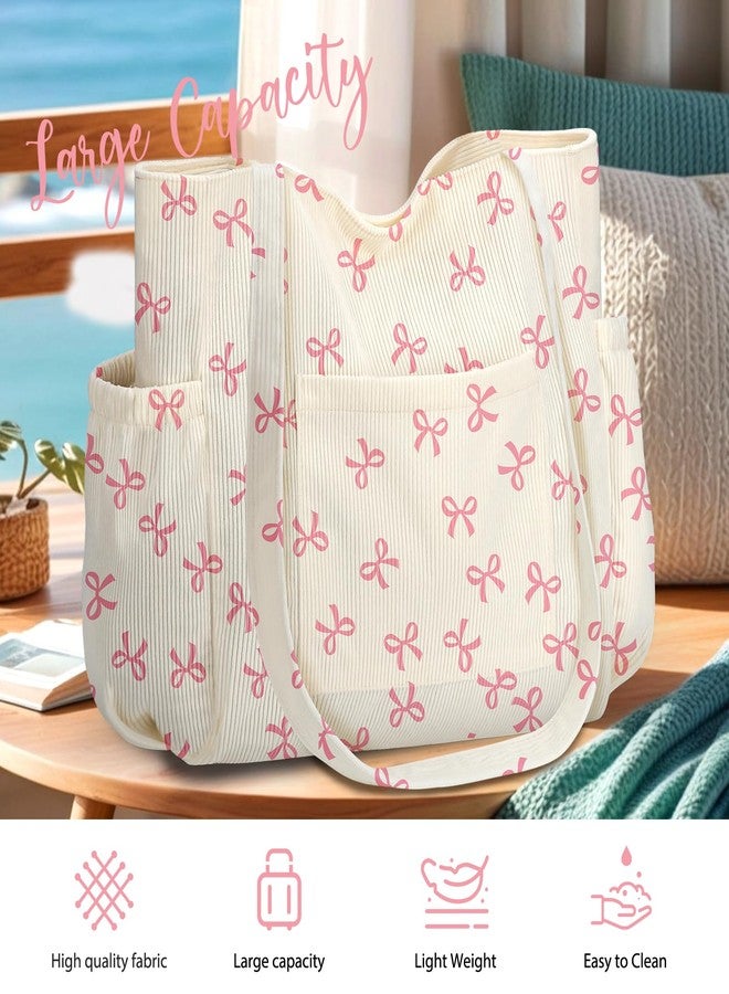 Hatisan Corduroy Tote Bag for Women, Large Capacity Cute Tote Bags With 6 Pockets, Laptop Tote Bag Crossbody Shoulder Handbag Teacher Nurse Bags for Work Travel Gym(Pink Bows) - Image 3