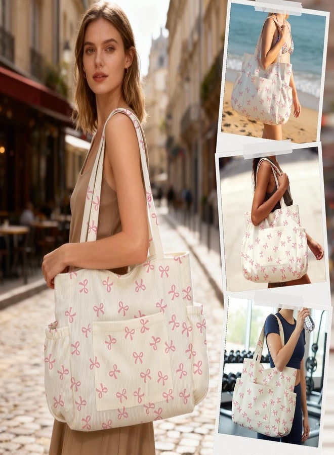 Hatisan Corduroy Tote Bag for Women, Large Capacity Cute Tote Bags With 6 Pockets, Laptop Tote Bag Crossbody Shoulder Handbag Teacher Nurse Bags for Work Travel Gym(Pink Bows) - Image 2