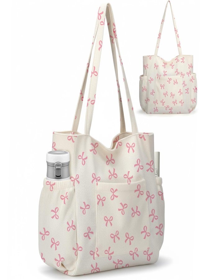 Hatisan Corduroy Tote Bag for Women, Large Capacity Cute Tote Bags With 6 Pockets, Laptop Tote Bag Crossbody Shoulder Handbag Teacher Nurse Bags for Work Travel Gym(Pink Bows) - Image 1