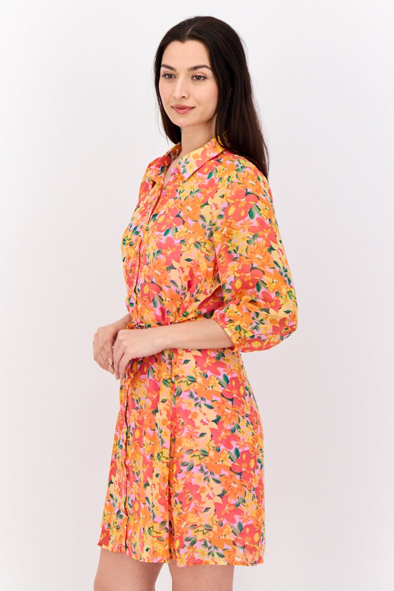 Women Floral Print Shirt Dress, Red