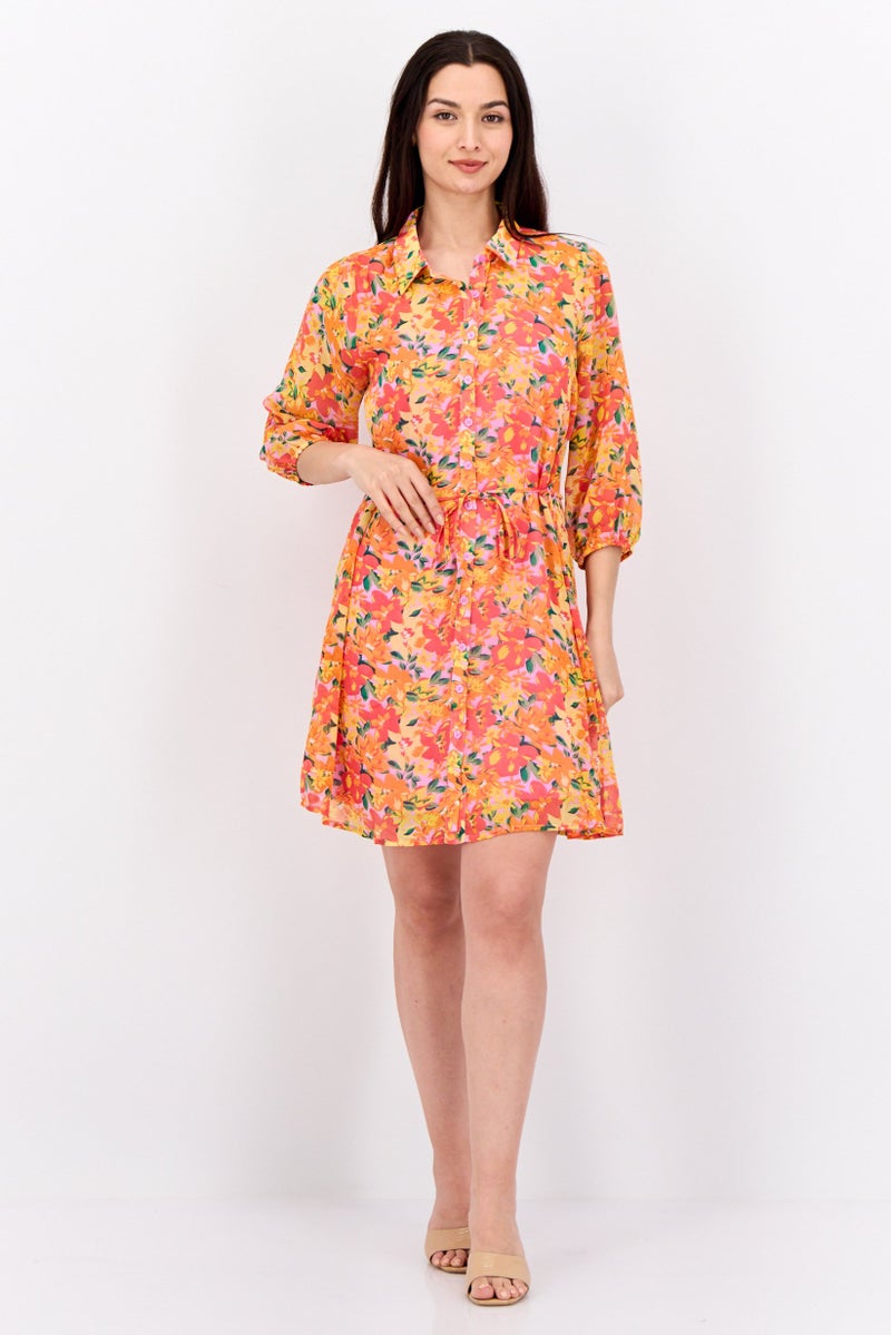 Women Floral Print Shirt Dress, Red