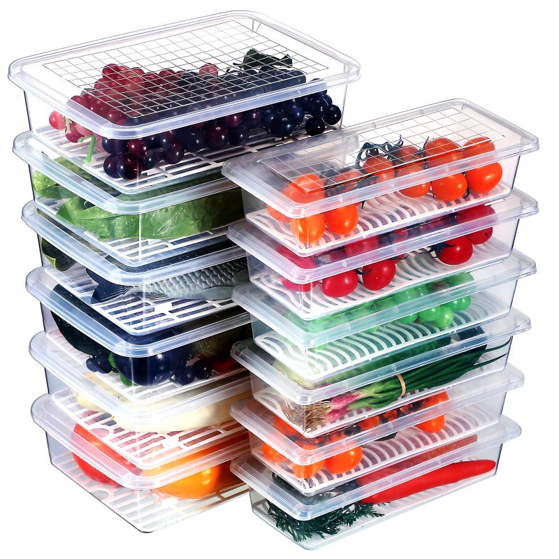 Meanplan 12 Packs Food Storage Containers for Fridge Plastic Refrigerator Organizers with Removable Drain Plate and Lid Stackable Produce Containers to Keep Fruits Vegetables Meat