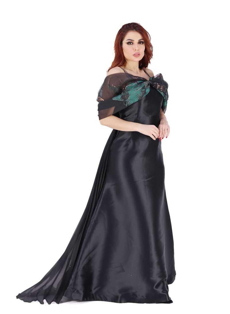 Modern Design An elegant evening dress with off-the-shoulder sleeves, colored with glitter, and the back is distinguished by a pelican shawl. Enjoy an elegant look full of femininity. Stay beautiful on all occasion  - Image 2