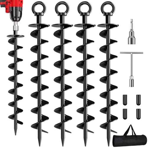 Phopich Ground Anchor Screw in 4 Pack Spiral Trampoline Anchors with Nut and Tool Swing Set Anchors Tent Stakes High Wind Heavy Duty for Sheds Carports Mobile Home Black - Image 1