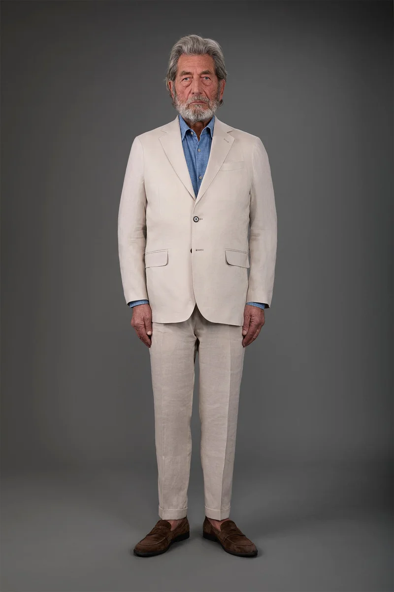 Single-breasted men's suit with flat front trousers, in pure linen with a washed effect - Beige