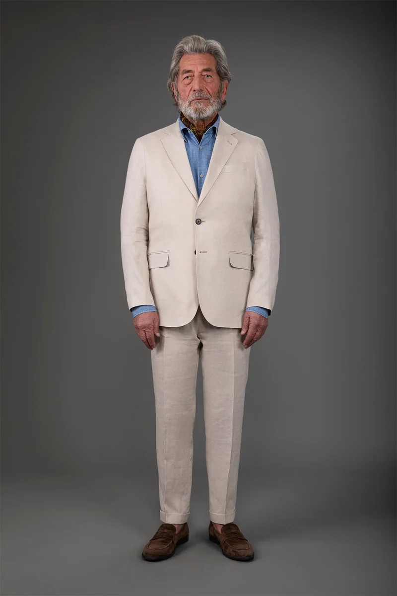 دوبل غانغر Single-breasted men's suit with flat front trousers, in pure linen with a washed effect - Beige