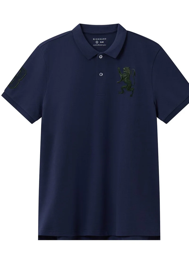 GIORDANO Men's 3D Lion Polo: Slim Fit, Bold Embroidery, Premium Pique