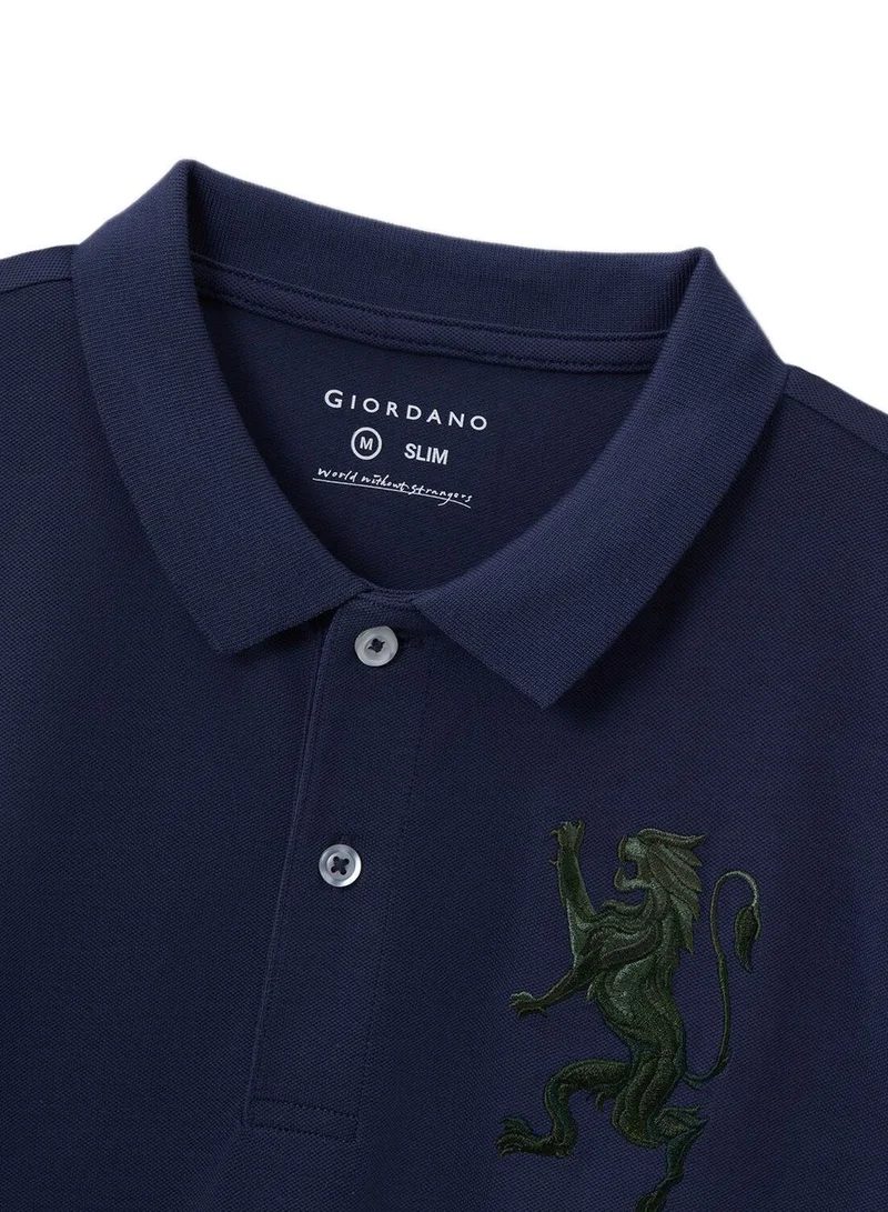 GIORDANO  Men's 3D Lion Polo: Slim Fit, Bold Embroidery, Premium Pique for Men | Best Price UAE
