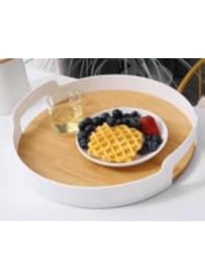 فيلي صينية دائرية من الخيزران بتصميم أنيق وتشطيب ناعم باللونين الأبيض والبني، مقاس 350 × 75 سم