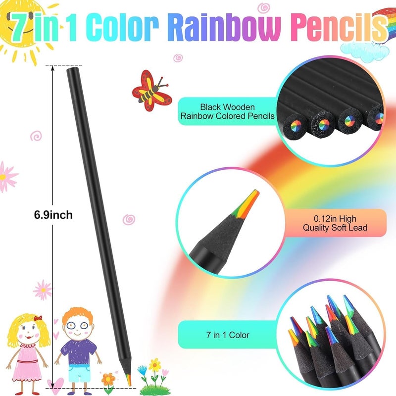 Foxelli Art Supplies 7 Color In 1 Black Wooden Rainbow Colored Pencils PreSharpened With Sharpener For Coloring Books Easter Basket Stuffers Drawing Sketching Rainbow Pencils Drawing Sketching 2 - Image 4