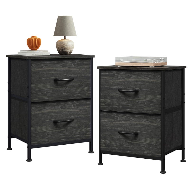 WLIVE Night Stand Set 2, Nightstand with 2 Fabric Drawers, Small Dresser for Bedroom, Bedside Table for Small Spaces, Dorm, Charcoal Black Wood Grain Print - Image 1