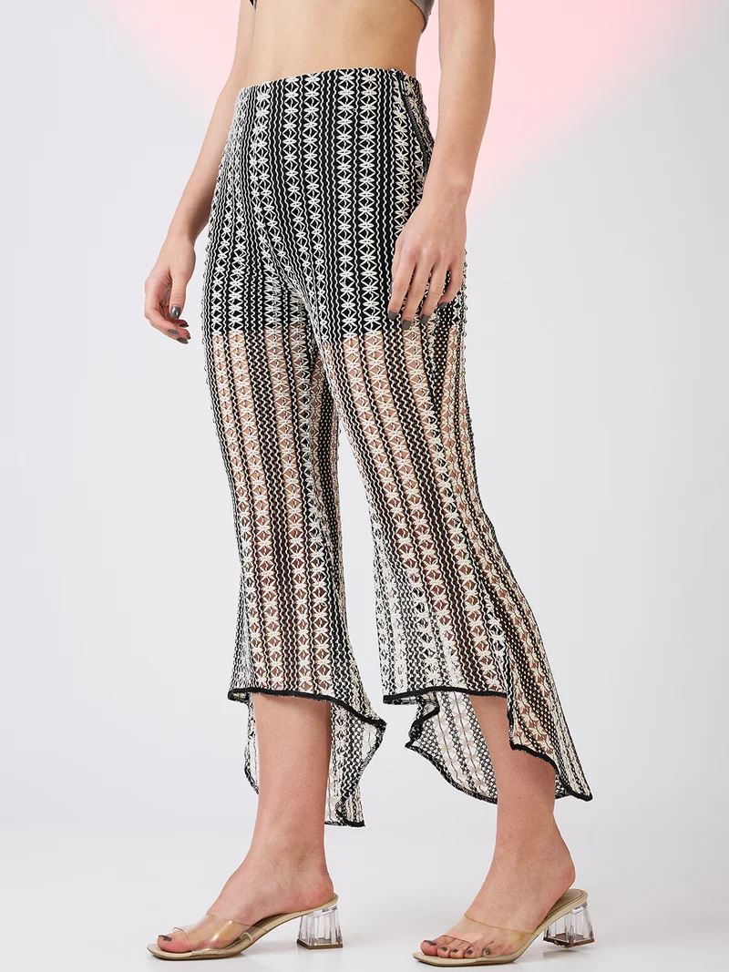 globus Women Self Design Crochet Mid Rise Relaxed Fit Flat Front Bootcut Trousers