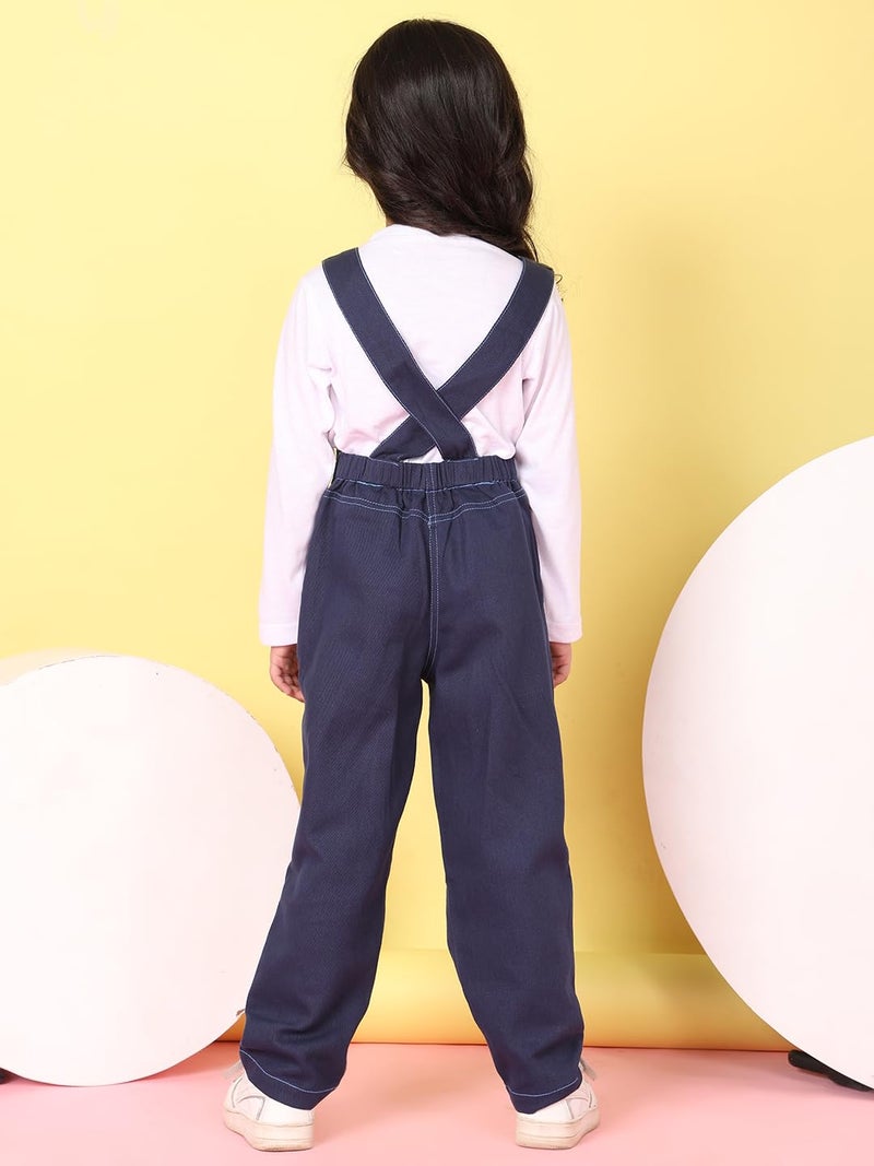 superminis Girls Twill Dungaree with Full Sleeve T-Shirt Set Casual For Kids (4-5 Years, Blue) - Image 3