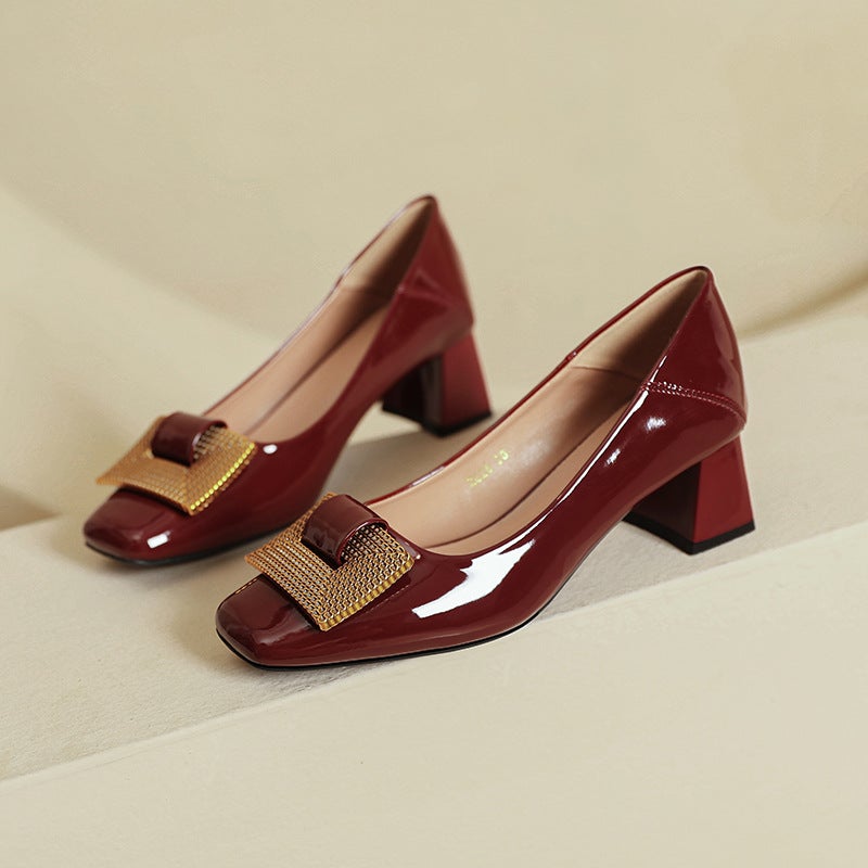 Chunky Heel Red Bridal Shoes Patent Leather Spring Autumn wine red