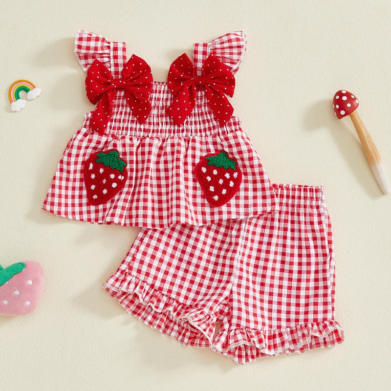 Mubineo Toddler Baby Girl Summer Clothes Cute Ruffle Shirt Tops Dress Shorts Outfits Set Fruit Blouse Princess Outfit (Red Strawberry, 9-12 Months) - Image 3