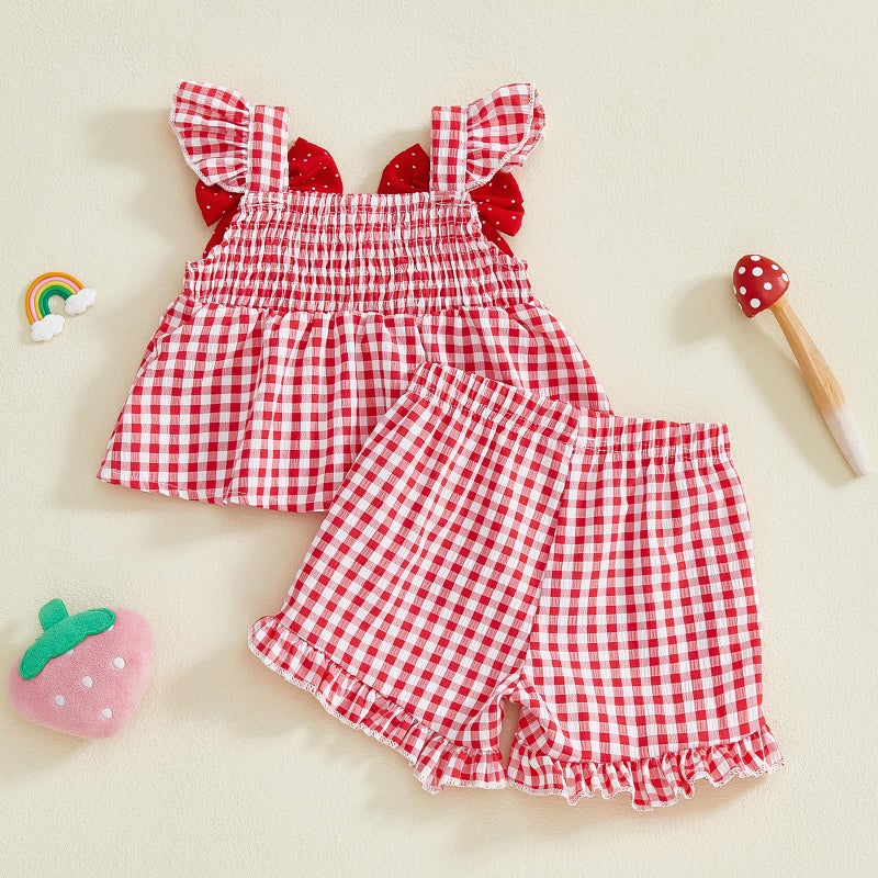 Mubineo Toddler Baby Girl Summer Clothes Cute Ruffle Shirt Tops Dress Shorts Outfits Set Fruit Blouse Princess Outfit (Red Strawberry, 9-12 Months) - Image 4
