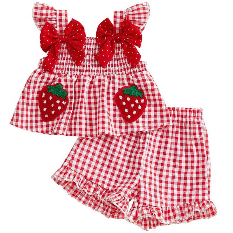 Mubineo Toddler Baby Girl Summer Clothes Cute Ruffle Shirt Tops Dress Shorts Outfits Set Fruit Blouse Princess Outfit (Red Strawberry, 9-12 Months) - Image 1
