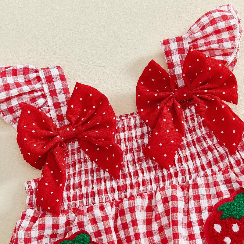 Mubineo Toddler Baby Girl Summer Clothes Cute Ruffle Shirt Tops Dress Shorts Outfits Set Fruit Blouse Princess Outfit (Red Strawberry, 9-12 Months) - Image 5