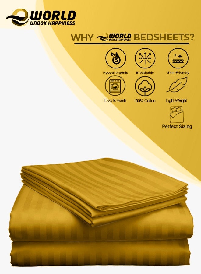 إي وورلد طقم ملايات سرير 3 قطع سوبر كينغ مخطط باللون الذهبي – ملاءة مخططة من المايكروفايبر فائق النعومة وغطاء وسادتين، مريح وفاخر للاستخدام المنزلي والفنادق - Image 3