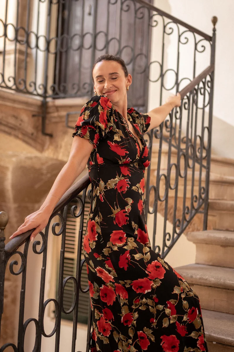Black Floral Lace Trim Detail Midi Dress
