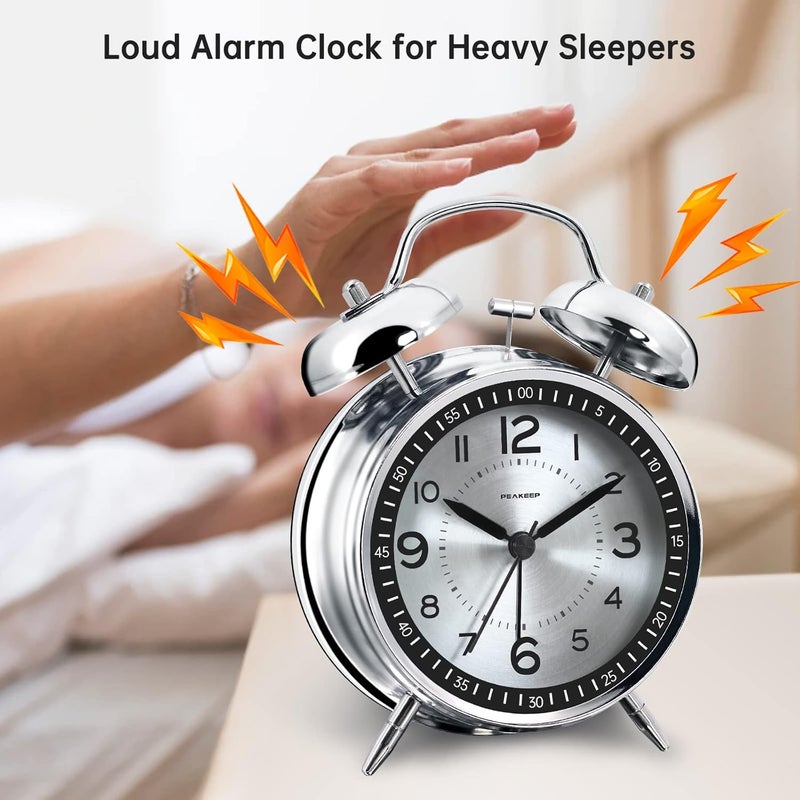 Peakeep Loud Alarm Clock for Heavy Sleepers Adults, Metal 4 Inches Twin Bell Battery Operated Alarm Clocks for Bedrooms Decoration (Metal Silver) - Image 2
