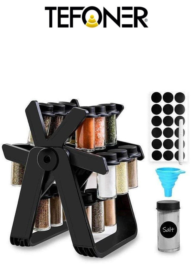 TEFONER Spice jar set with 18 glass jars for organizing spices. Kitchen organizers with a rotating design. spices organizer with labels for writing the contents of the jars. Spice organizer for organizing kitchen accessories with a mesh filter for the spices container. - Image 1
