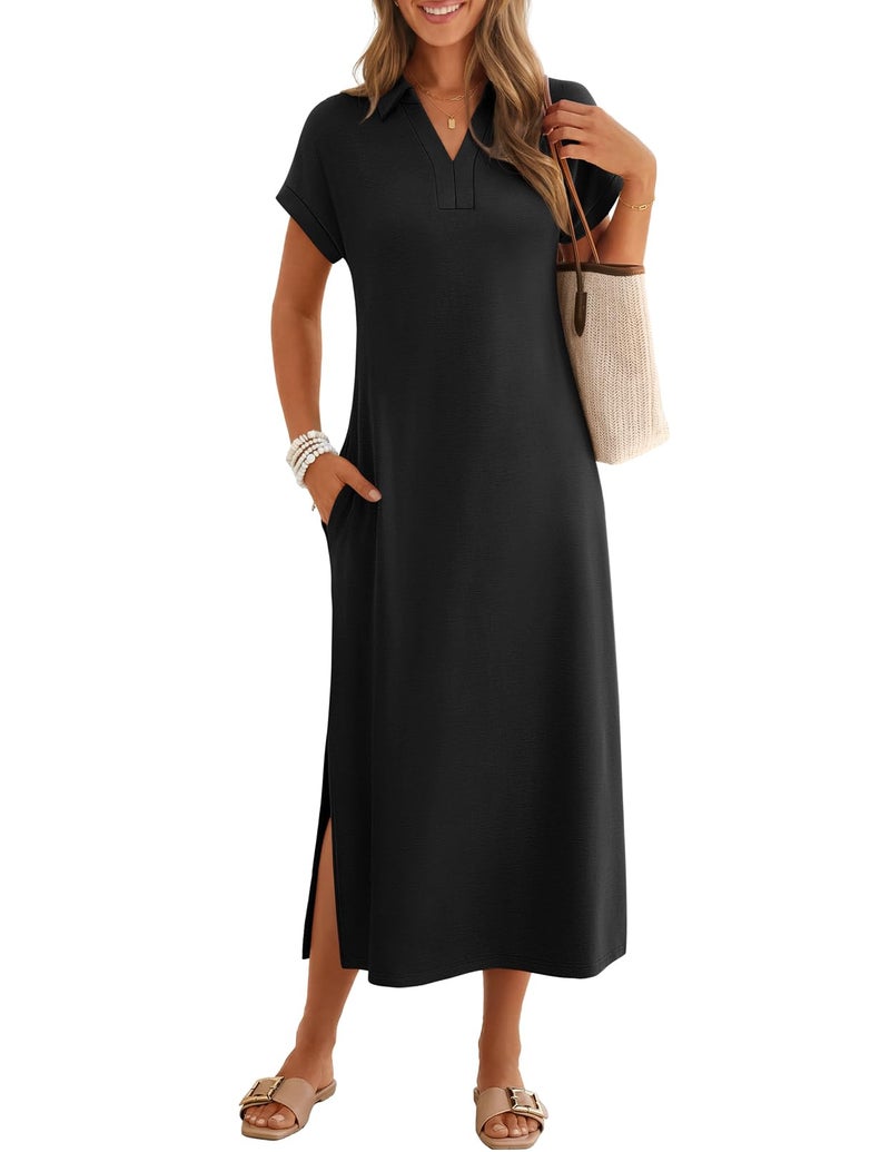 MEROKEETY Women's Summer Casual Maxi Dress 2026 Cap Sleeve V Neck Collared Beach Vacation T Shirt Long Dresses, Black, X-Large - Image 1