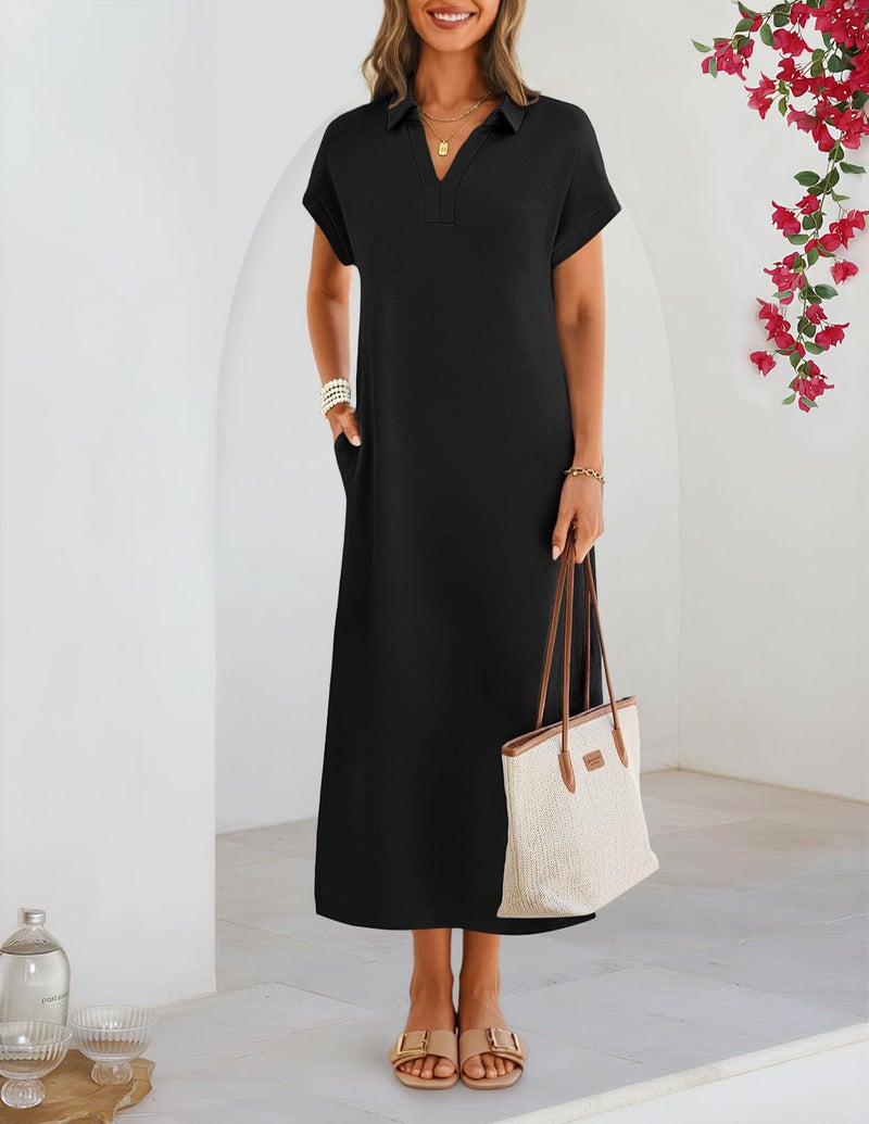 MEROKEETY Women's Summer Casual Maxi Dress 2026 Cap Sleeve V Neck Collared Beach Vacation T Shirt Long Dresses, Black, X-Large - Image 2