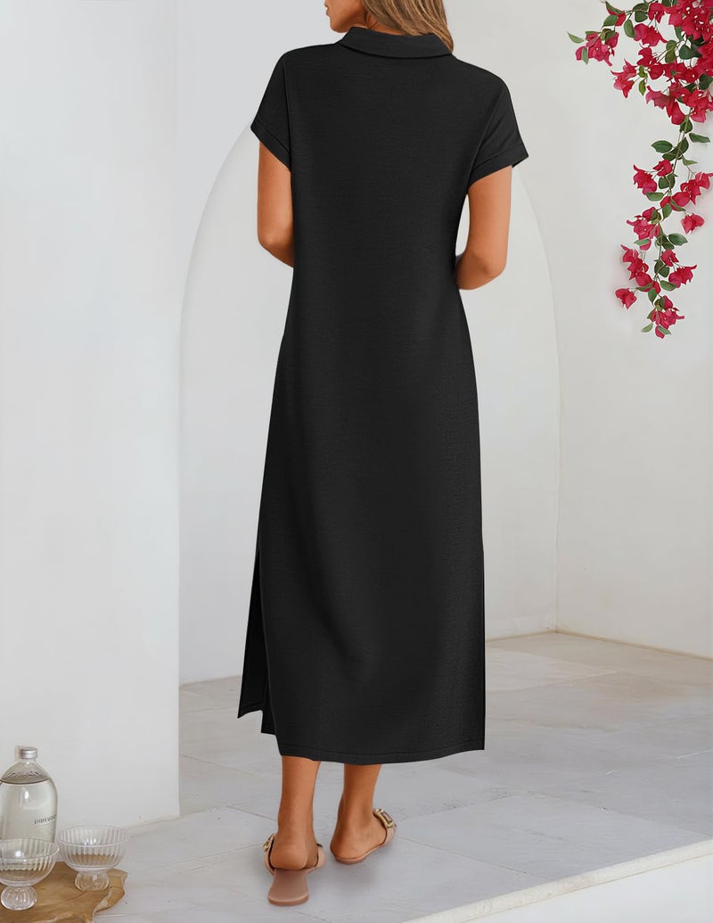 MEROKEETY Women's Summer Casual Maxi Dress 2026 Cap Sleeve V Neck Collared Beach Vacation T Shirt Long Dresses, Black, X-Large - Image 4