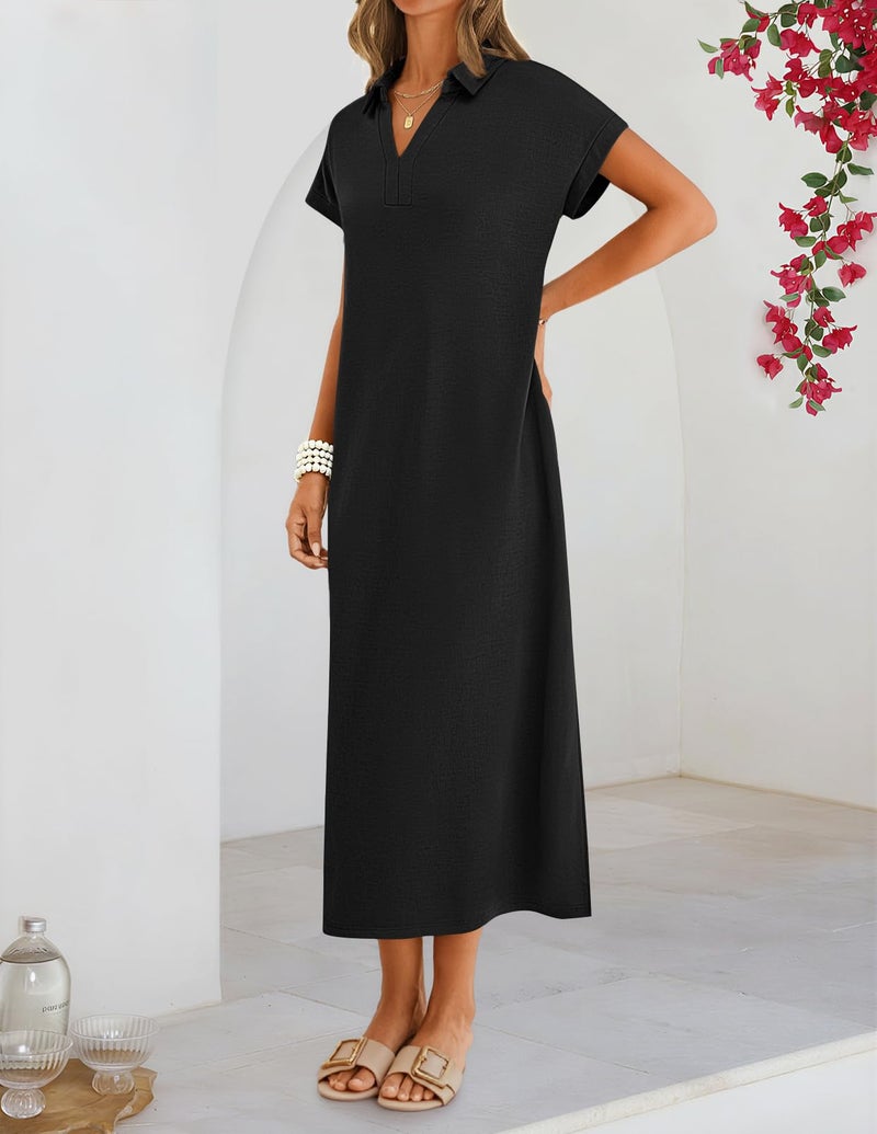 MEROKEETY Women's Summer Casual Maxi Dress 2026 Cap Sleeve V Neck Collared Beach Vacation T Shirt Long Dresses, Black, X-Large - Image 3