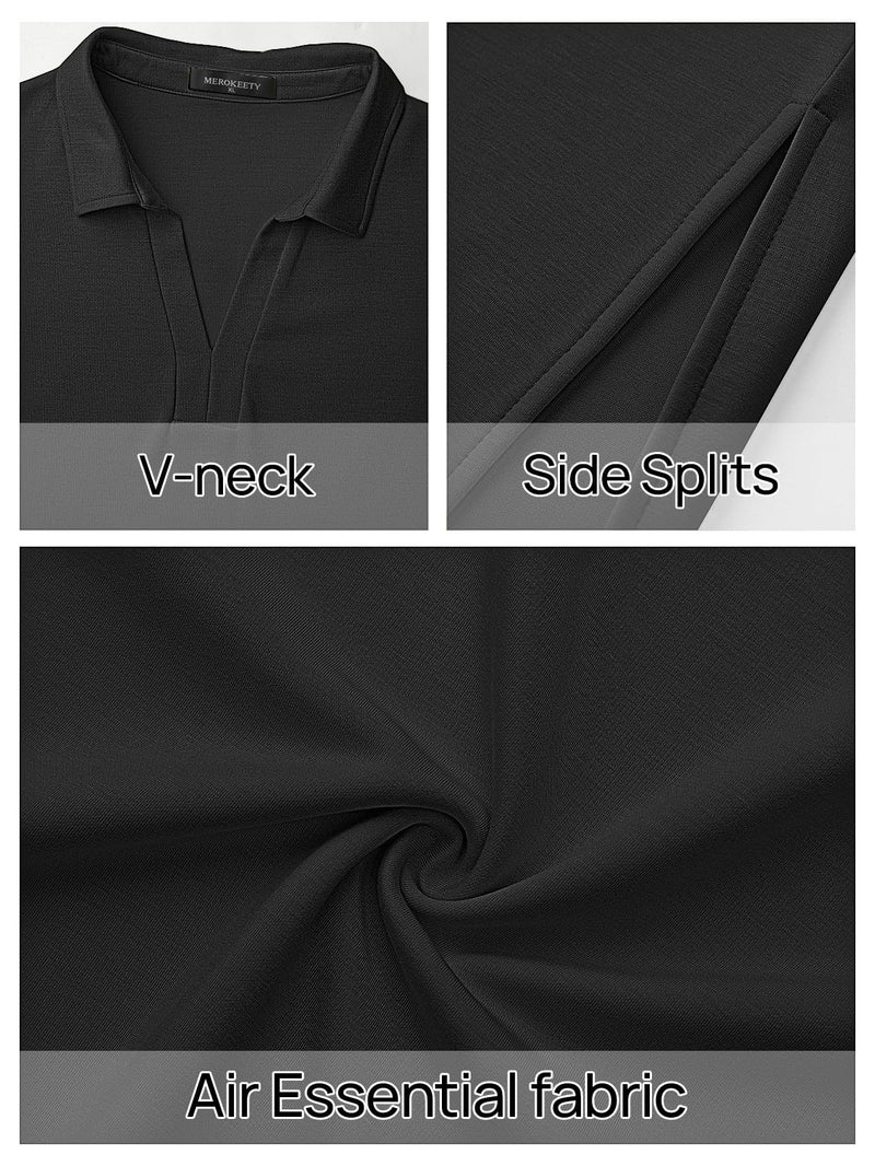 MEROKEETY Women's Summer Casual Maxi Dress 2026 Cap Sleeve V Neck Collared Beach Vacation T Shirt Long Dresses, Black, X-Large - Image 5