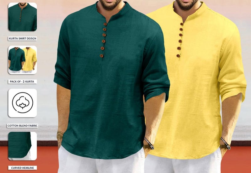 ROYALSCOUT Men's Cotton Polyester Blend Solid Regular Fit Full Sleeve Short Kurta | Ethnic, Lightweight Summer Kurta for Daily & Occasion Use Green-Yellow - Image 3