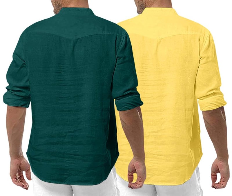 ROYALSCOUT Men's Cotton Polyester Blend Solid Regular Fit Full Sleeve Short Kurta | Ethnic, Lightweight Summer Kurta for Daily & Occasion Use Green-Yellow - Image 2