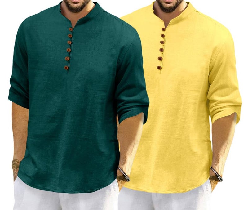 ROYALSCOUT Men's Cotton Polyester Blend Solid Regular Fit Full Sleeve Short Kurta | Ethnic, Lightweight Summer Kurta for Daily & Occasion Use Green-Yellow - Image 1