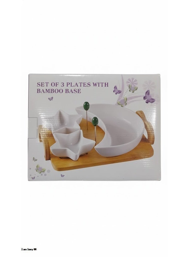 3-Piece Ceramic Serving Plate Set with Bamboo Base - Moon and Star Shapes with Fruit Picks - White/Natural