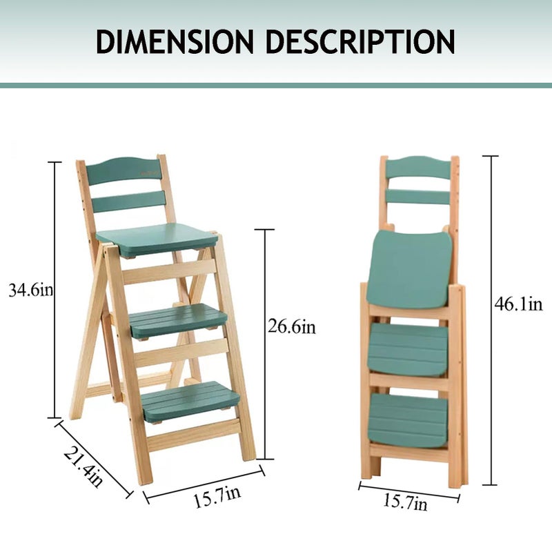 CDDUOLA Folding Bar Stool, 3 Step Multifunction Portable Adults Solid Wood Ladder Stool for Household Kitchen, Bathroom Storage Shelf, Green - Image 4