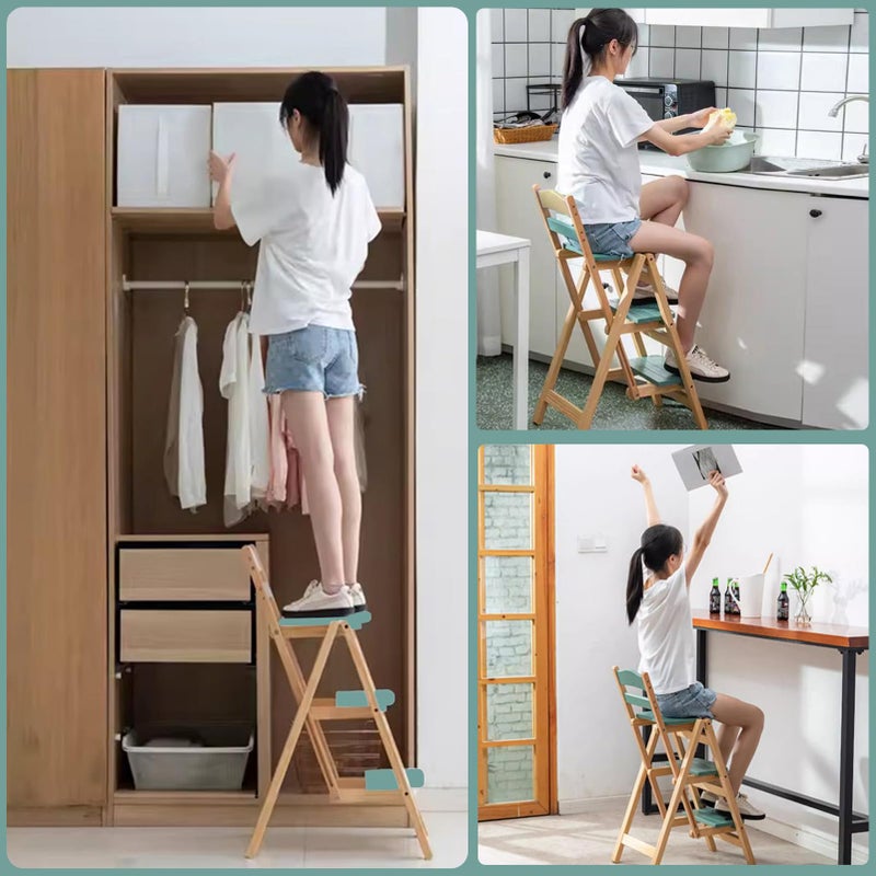 CDDUOLA Folding Bar Stool, 3 Step Multifunction Portable Adults Solid Wood Ladder Stool for Household Kitchen, Bathroom Storage Shelf, Green - Image 3