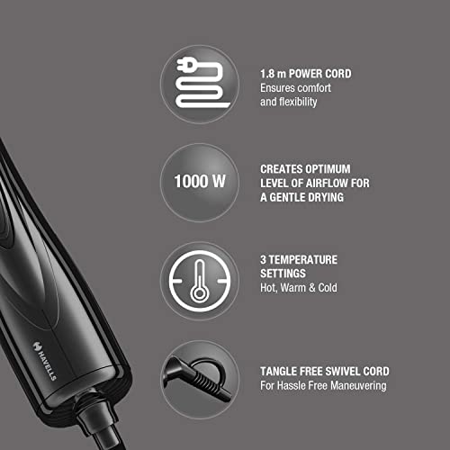 Havells 1000 Watts Air Care Volumizer Hair Dryer | Pre-Styling Half Brush, Stylish Curlers, Smoothening Roller Brush | Suitable For All Hair Types | Black | Hc4085 - Image 5